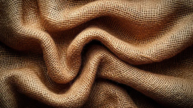 Wrinkled brown burlap fabric close-up shows coarse woven fibers and rough natural texture.