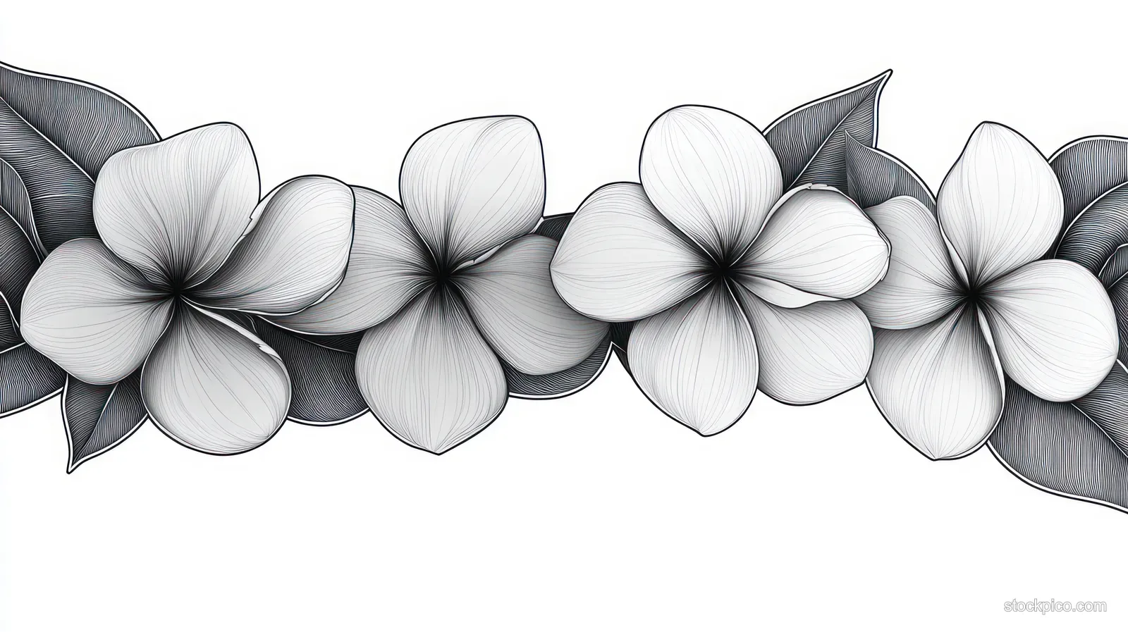 Monochrome plumeria flowers and leaves arranged in a continuous chain with delicate shading on white.