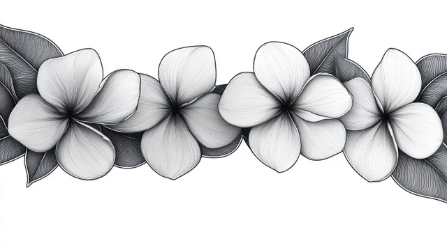 Monochrome plumeria flower chain with leaves, delicate shading on clean white background