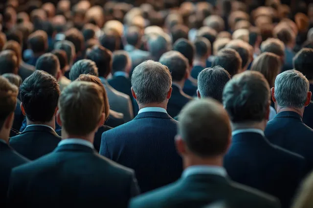 Back view of a large audience in business suits standing in rows at an indoor conference.