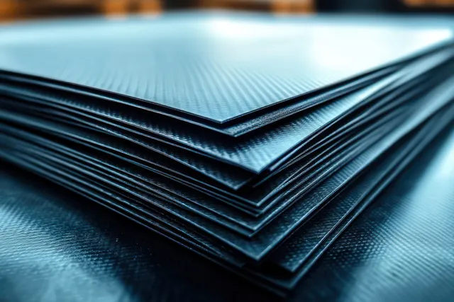 Stacked black carbon fiber sheets with a visible textured weave and layered edges under soft blue lighting.