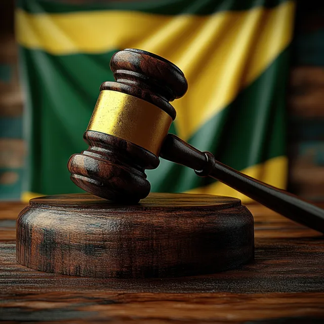 Wooden judge gavel with golden band on a sound block against a blurred green and yellow justice backdrop.