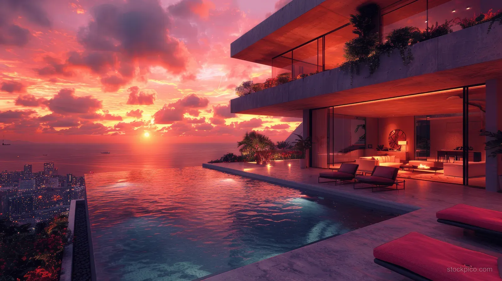 Rooftop outdoor swimming pool in front of a modern glass mansion overlooking ocean and city at sunset.
