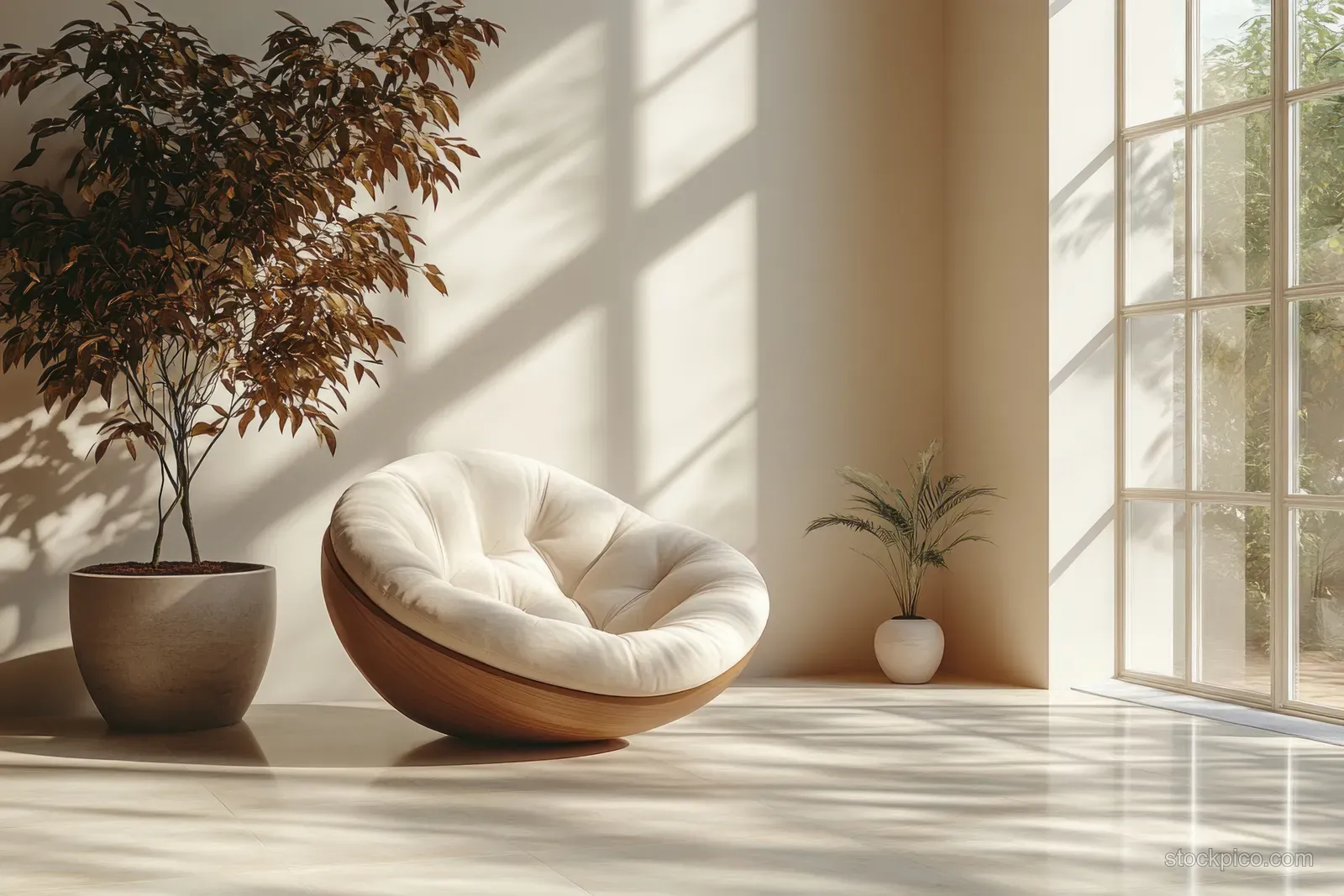 Sunlit minimalist studio interior with a curved daybed, potted plants, and soft window shadows on the floor.