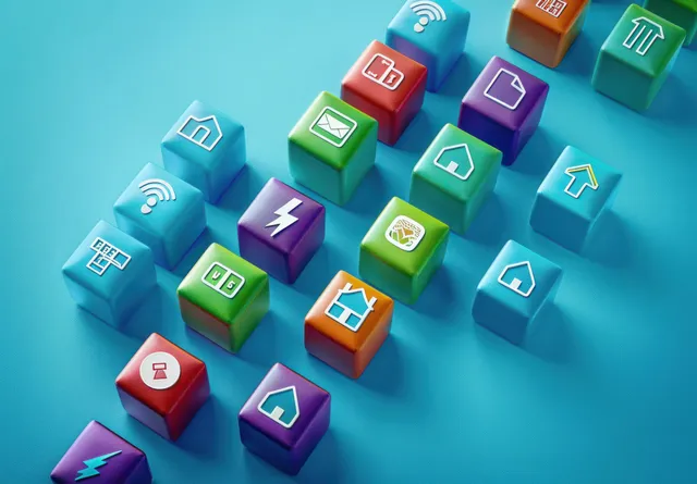 Colorful 3D smart home blocks arranged diagonally on blue surface