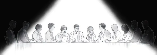 Business professionals sit around a long table under a bright spotlight, listening and discussing with serious expressions.