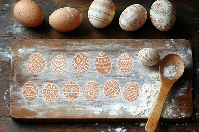 Patterned Easter eggs on a flour-dusted wooden board with a wooden spoon beside them.