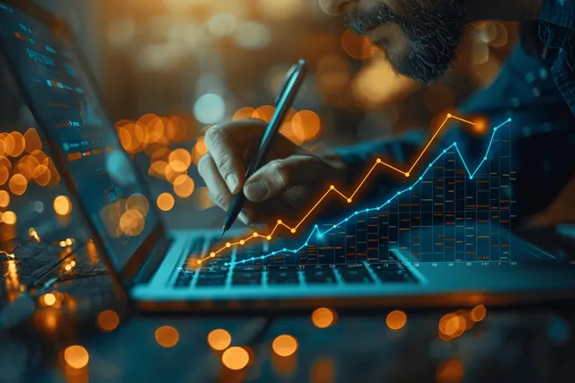 Businesswoman reviewing 2024 growth charts on laptop with glowing financial trend lines