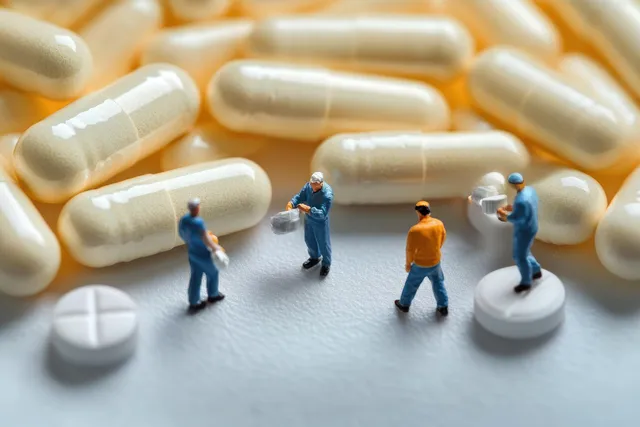 Miniature workers in blue and orange outfits inspect oversized white capsules and round tablets on a white surface.
