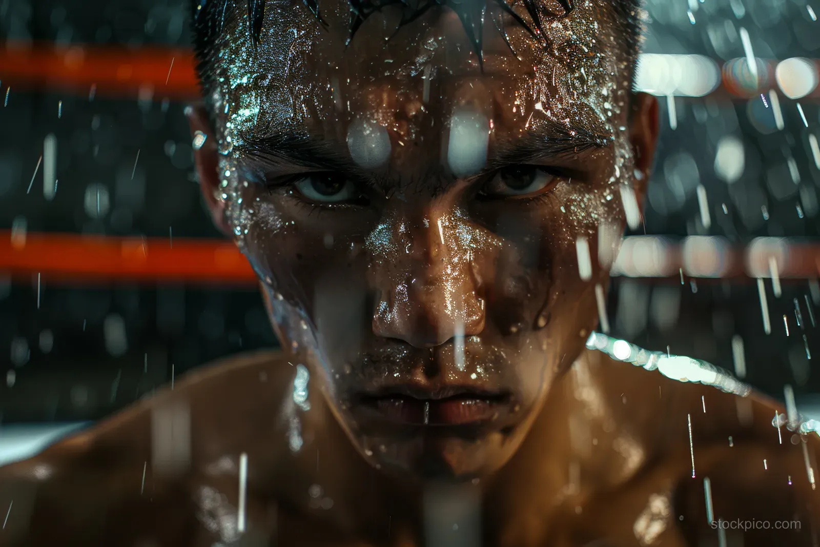 A Kazakh boxer raises his gloves inside a brightly lit boxing ring with focused expression.
