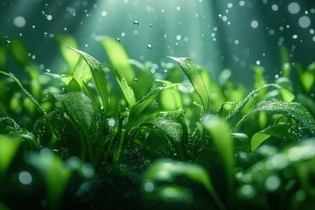 Green leaves covered in dewdrops with sparkling falling water droplets under soft sunlight.