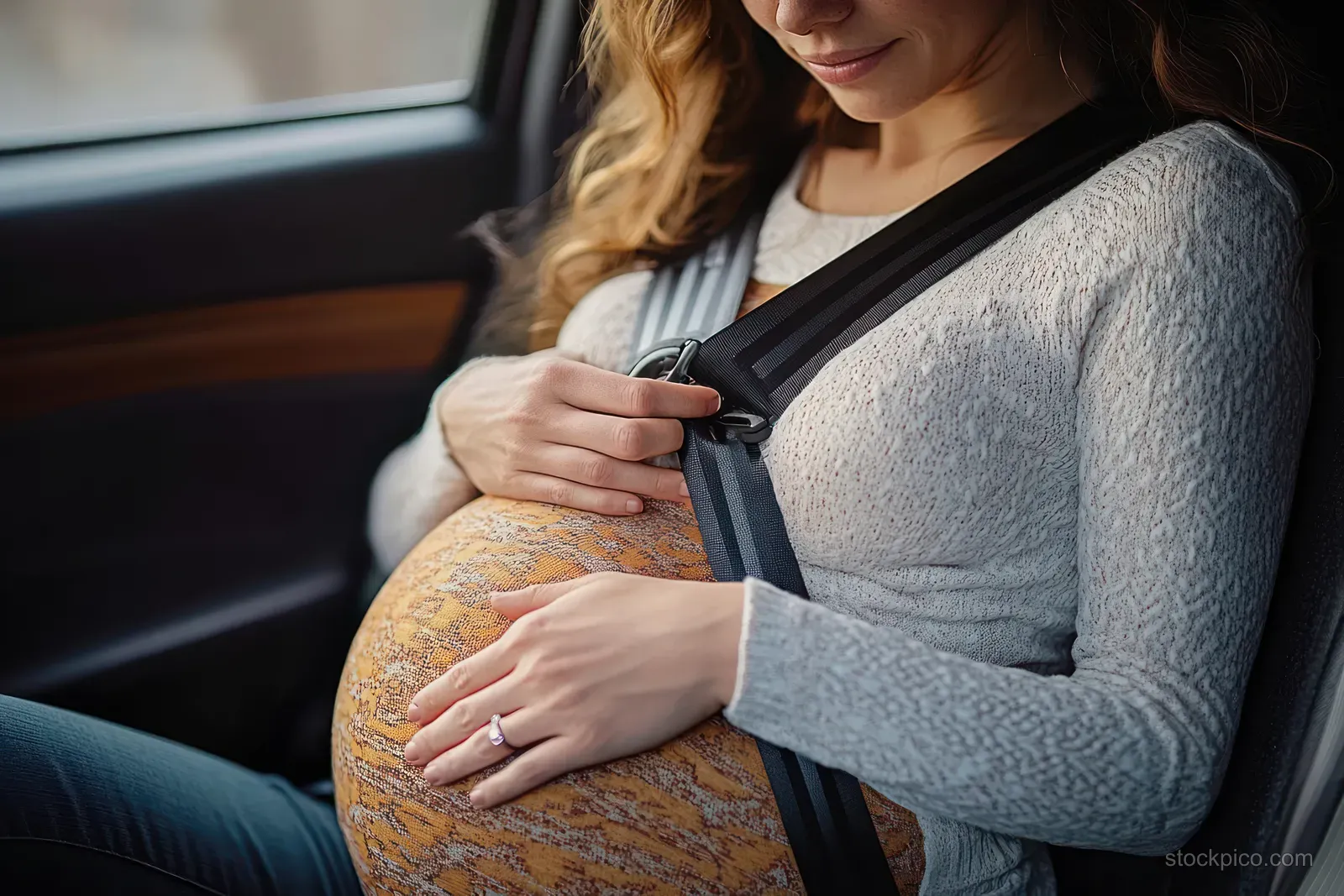 Pregnant woman sitting in a car with seatbelt fastened while gently holding her baby bump.