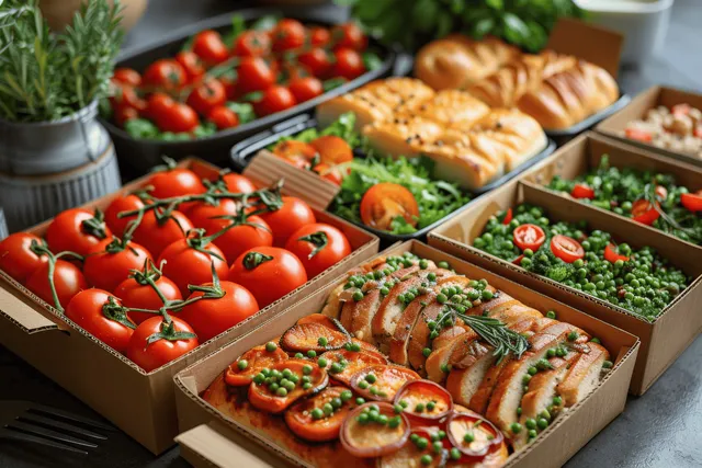 Organic takeout meals in cardboard food boxes on a kitchen table with tomatoes, herbs, and utensils visible.