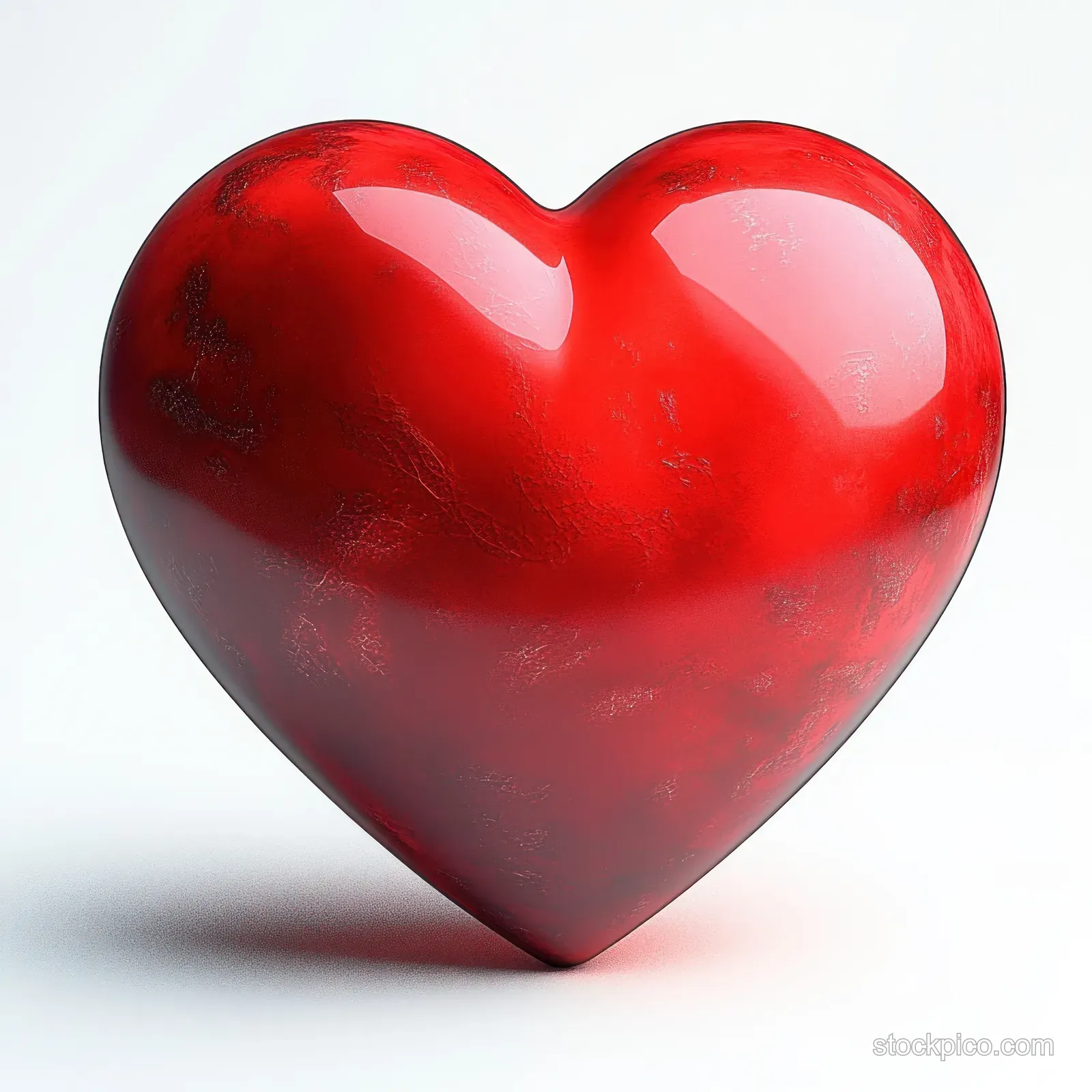 A glossy red heart-shaped object with reflective highlights on a white background.