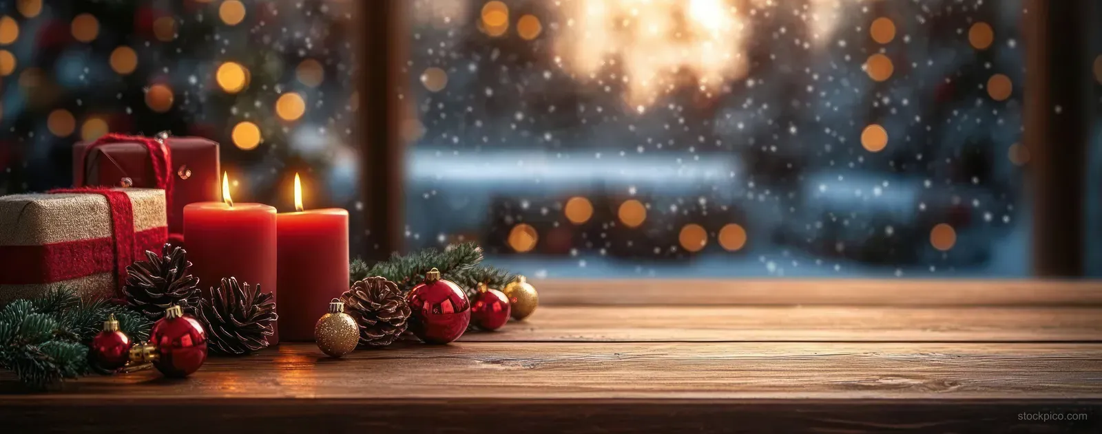 Red candles and wrapped gifts sit on a wooden table by a window as snow falls outside.