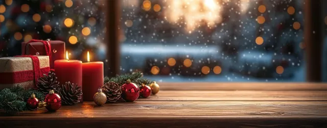 Red candles and wrapped gifts sit on a wooden table by a window as snow falls outside.