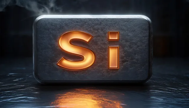 Glowing orange Si element symbol on a dark metallic block with sparks and faint smoke in a dark scene.