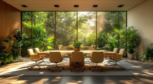 Empty office meeting room with ergonomic chairs and a conference table under sunlight streaming through large windows.