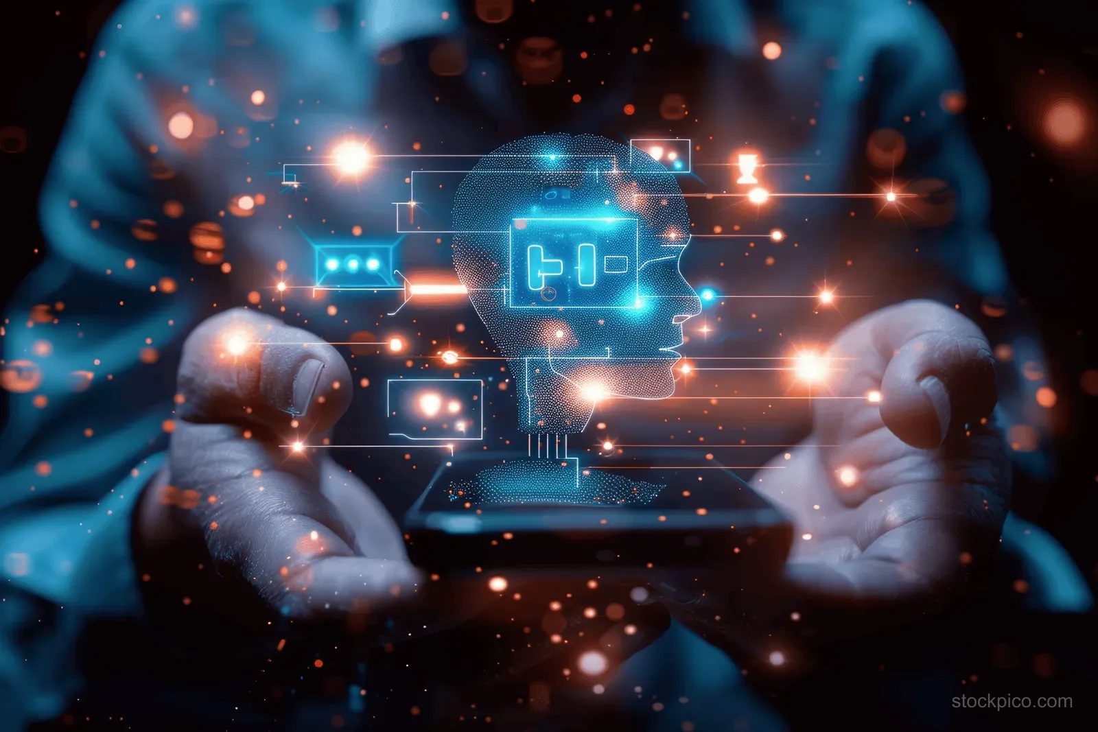 A businessman uses a smartphone to chat with an AI assistant shown through glowing network icons.