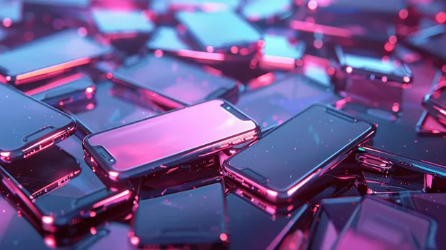 A neon pink and blue pile of smartphones with holographic circuit lights in the background.