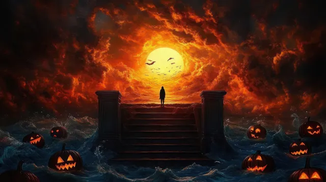 Silhouette stands on stairs over turbulent ocean waves with glowing jack-o-lanterns and a fiery full moon under stormy clouds.