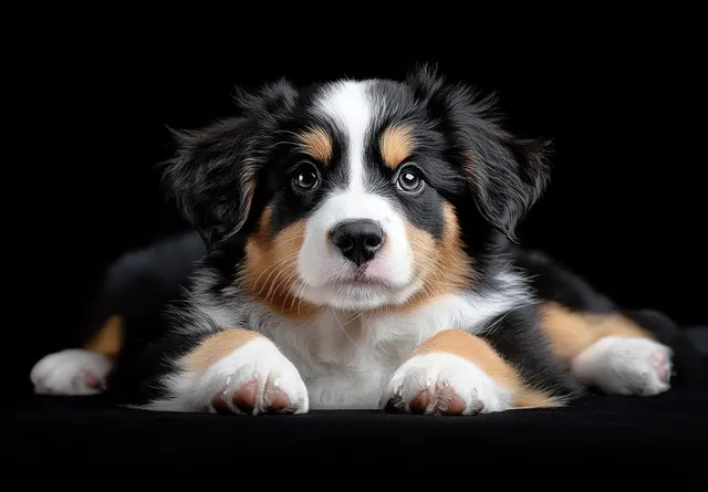 A tricolor puppy lies down on a black background, looking calmly toward the camera.
