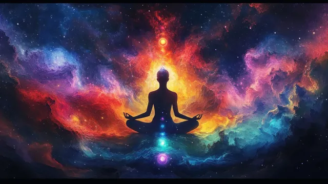 Silhouette meditating in lotus pose with glowing chakra lights amid vibrant colorful nebula clouds.
