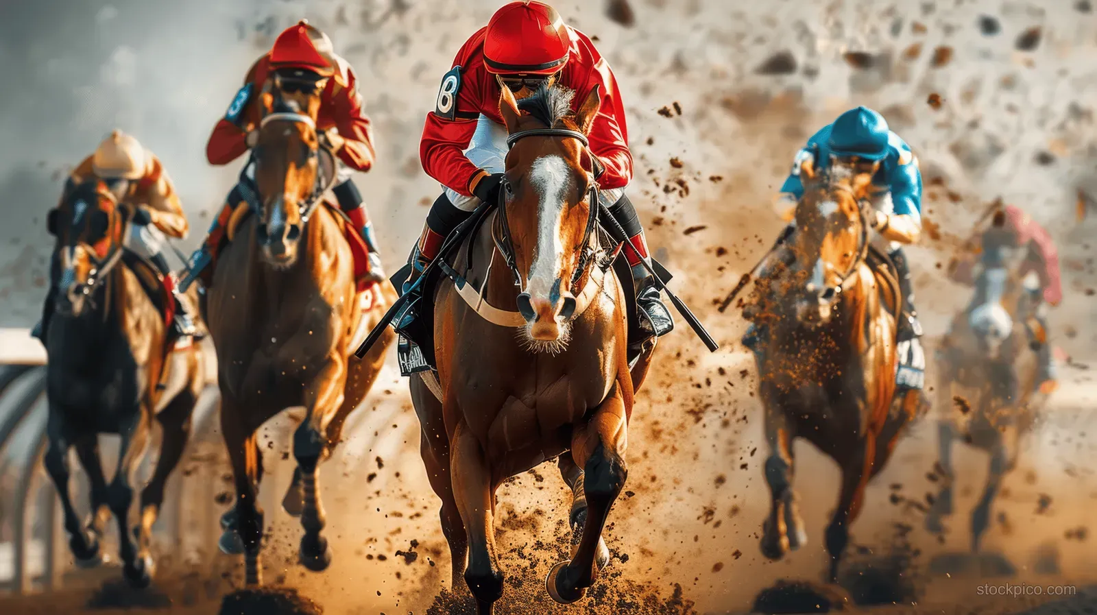 Jockeys and horses gallop on a dirt racetrack as dust bursts upward around them.