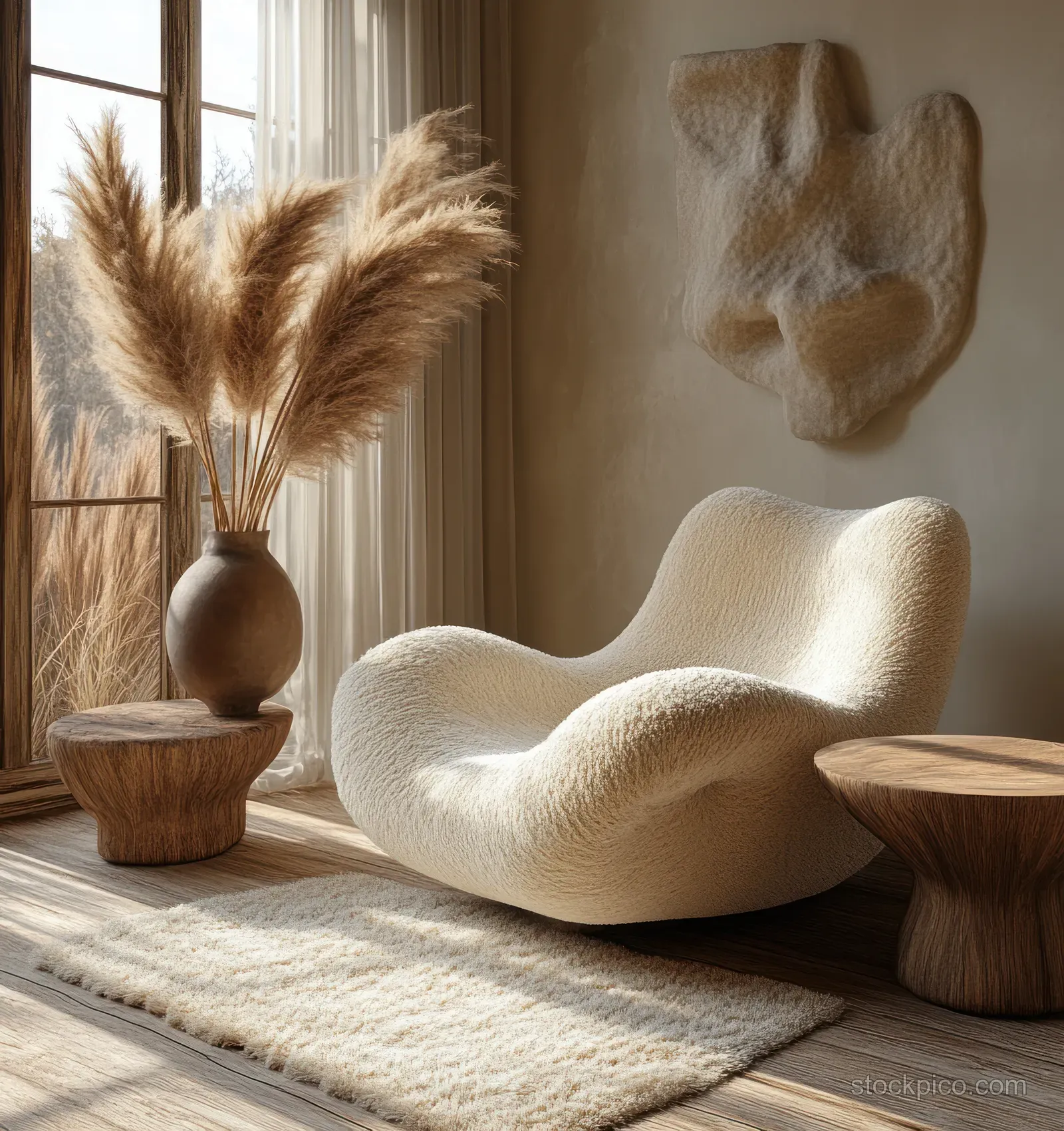 Cream armchair beside a small side table, with pampas grass in a vase near a bright window with sheer curtains.