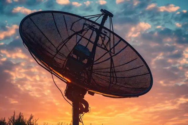 Large satellite dish antenna silhouetted at sunset with glowing clouds and signal infrastructure