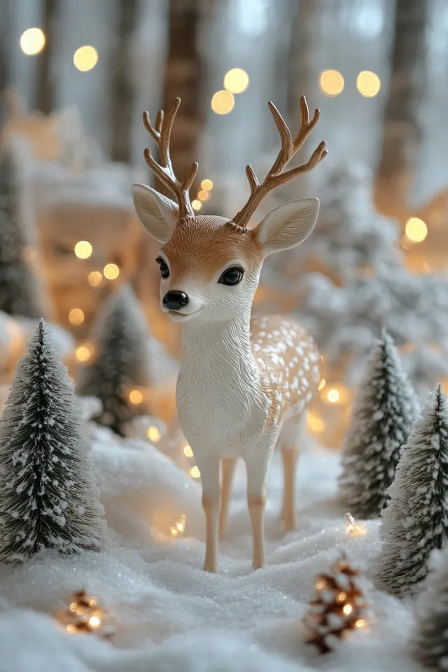 A deer figurine stands in snowy ground with small fir trees and warm glowing Christmas lights in soft focus.