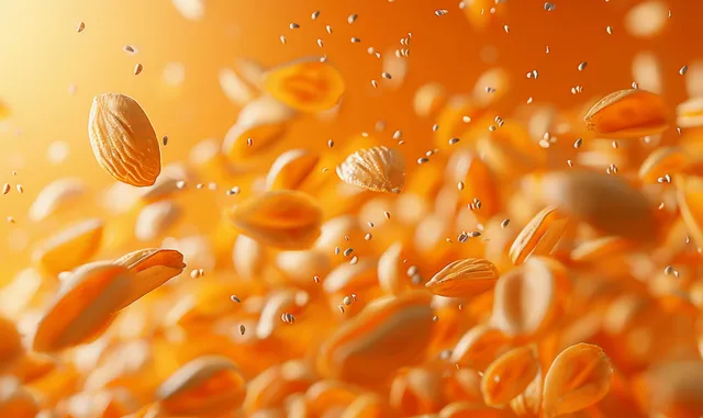 Roasted peanuts fall through the air in sharp macro detail over a bright orange background.