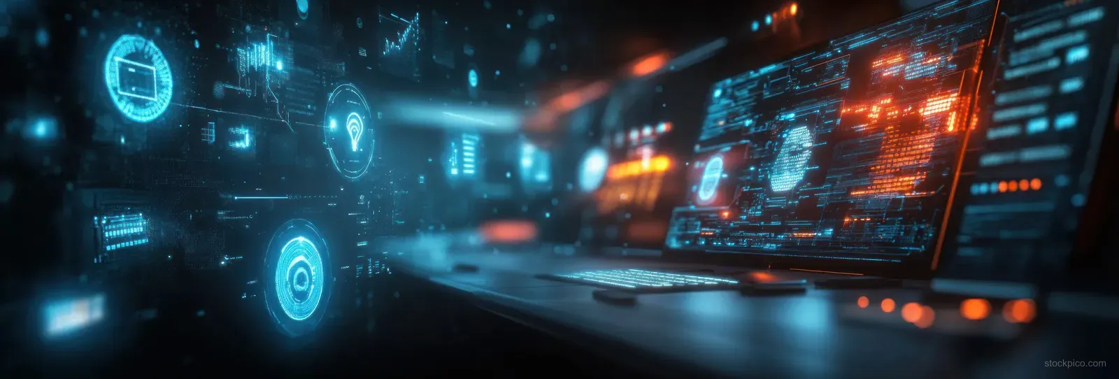 A laptop in a dark workspace with floating holographic data icons and glowing interface panels.