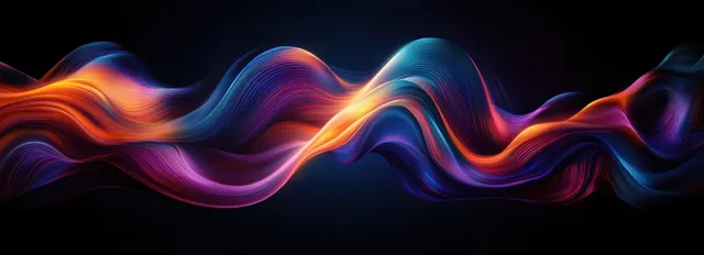 Iridescent neon wave ribbons with purple, blue, and orange glow undulate across a dark gradient background.