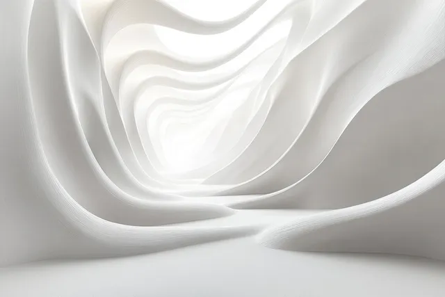 Abstract white wave relief on a smooth wall with soft shadows and layered depth inside a minimalist space.