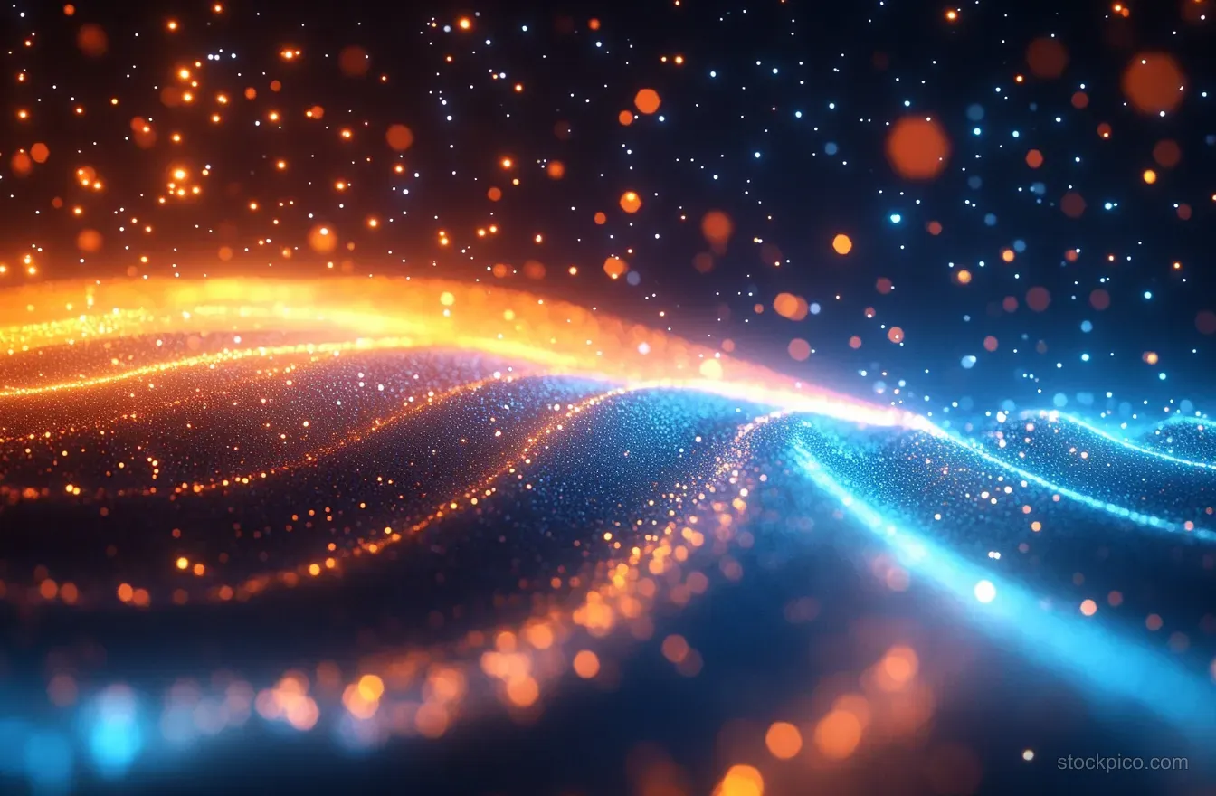 Orange and blue particle streams curve along a glowing wave, forming a dynamic energy flow against a dark background.