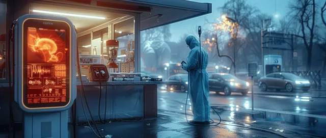 Electric car charging station at dusk with glowing display signs, parked cars, and an illuminated pump area.