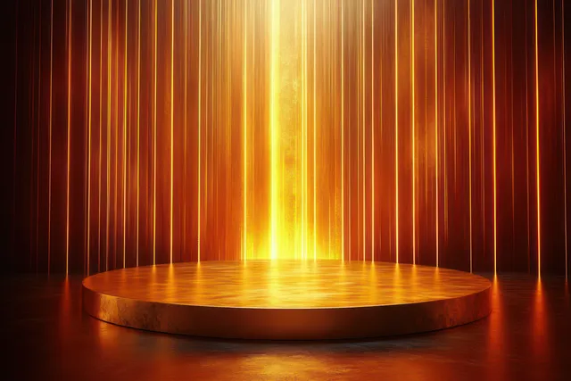 Golden spotlight illuminating a round stage platform with vertical light streaks in darkness