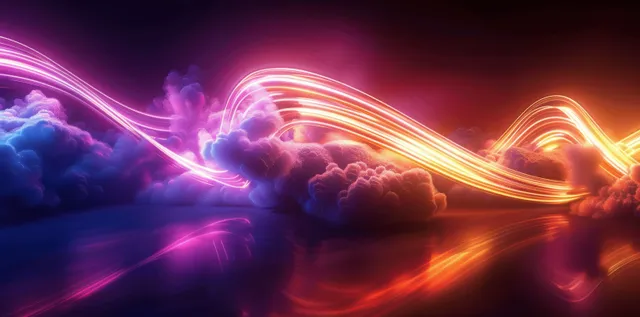 Neon cloudscape in a dark sky, swirling glowing trails like flowing light energy