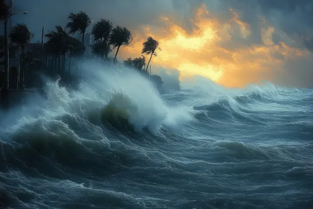 Storm waves crash on a tropical shoreline while palms bend under orange-lit clouds