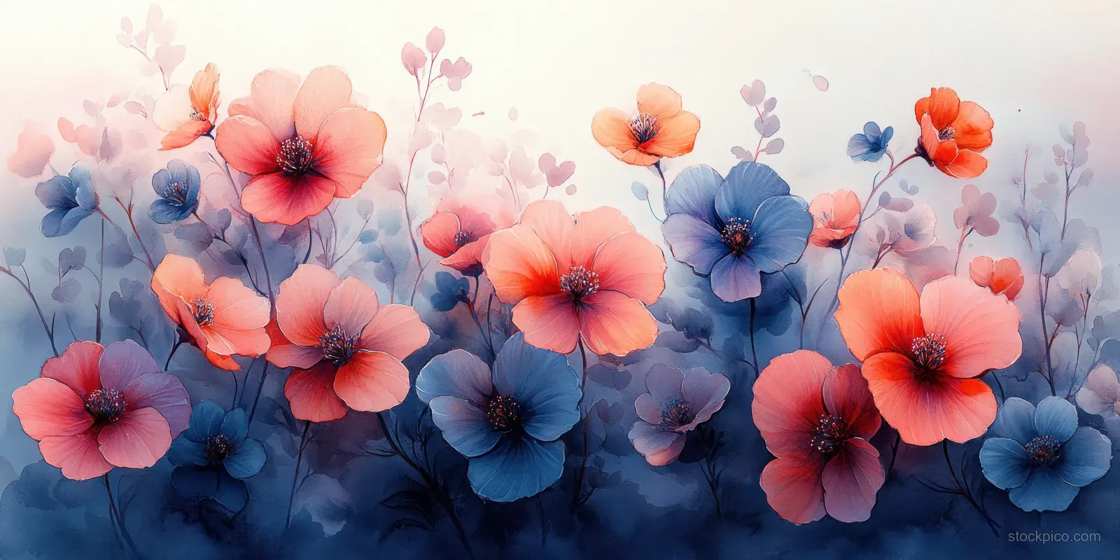 Watercolor wildflowers with pink and purple blossoms cascade across a soft pastel background.