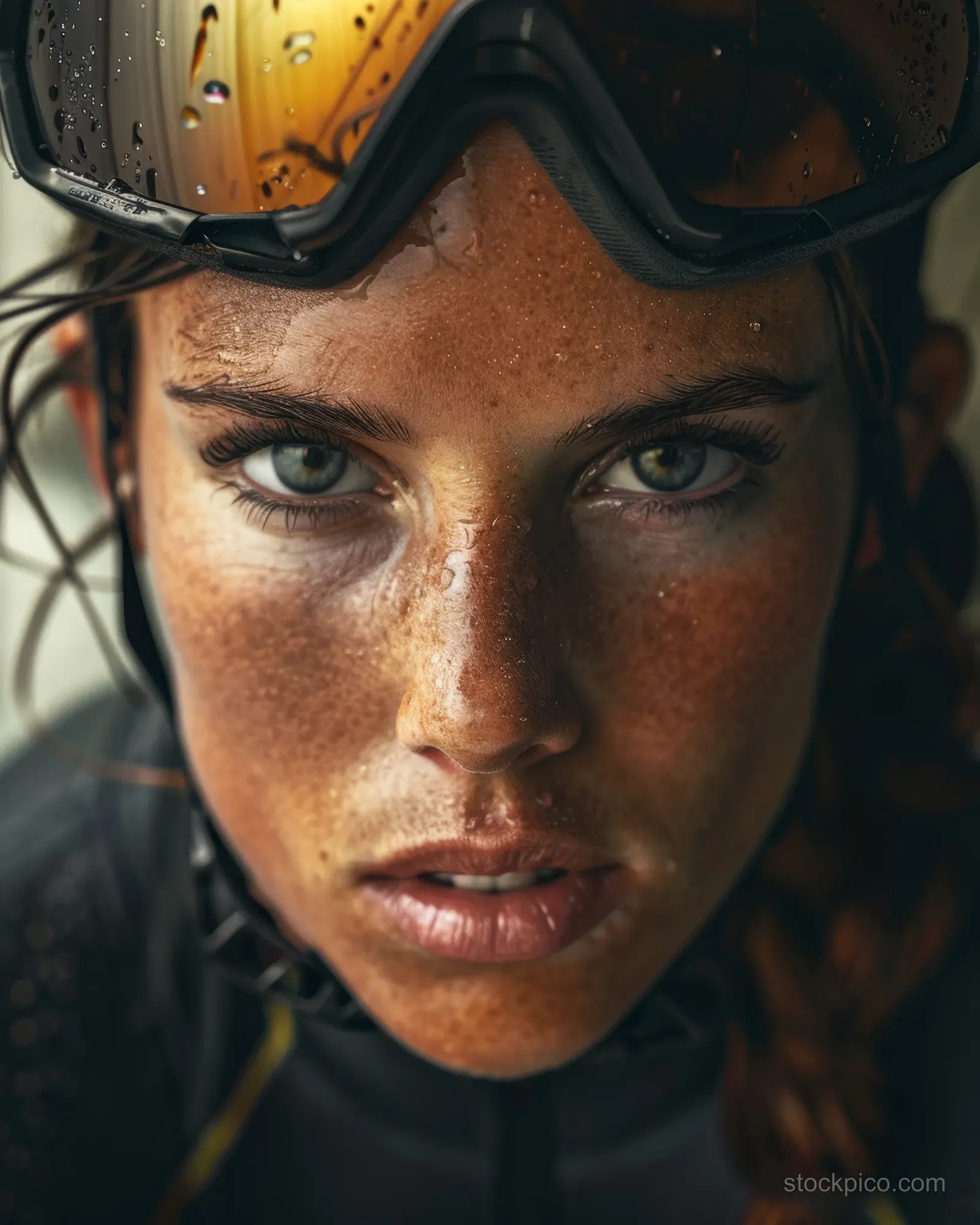 American female triathlete tightens a cycling helmet beside her bicycle before a sprint triathlon.