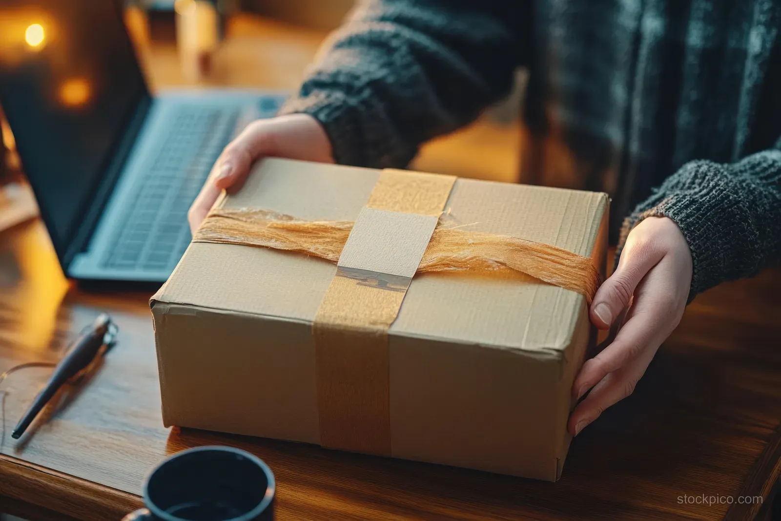 Person holding a wrapped cardboard parcel with ribbon on a wooden desk next to a laptop and coffee cup.