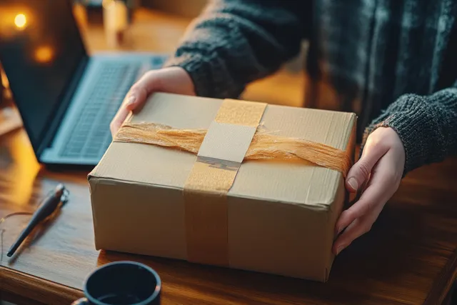 Person holding a wrapped cardboard parcel with ribbon on a wooden desk next to a laptop and coffee cup.