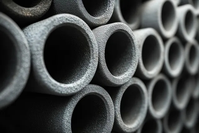 Stacked rough gray steel pipe ends fill the frame, forming a repeating pattern of dark circular openings.