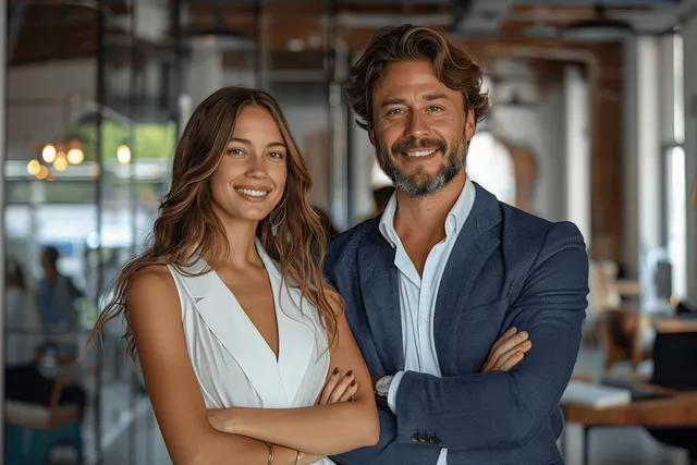 Smiling mature coworkers with arms crossed in modern office, confident team portrait background detail