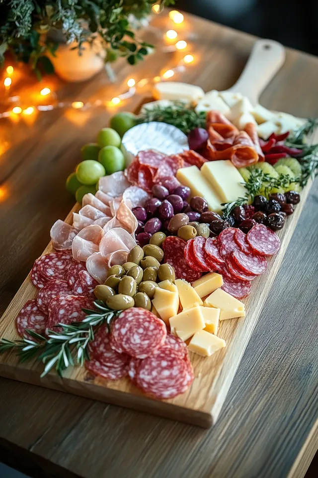 Charcuterie board with sliced salami, cheeses, olives, grapes, and herbs on a wooden table with warm string lights.