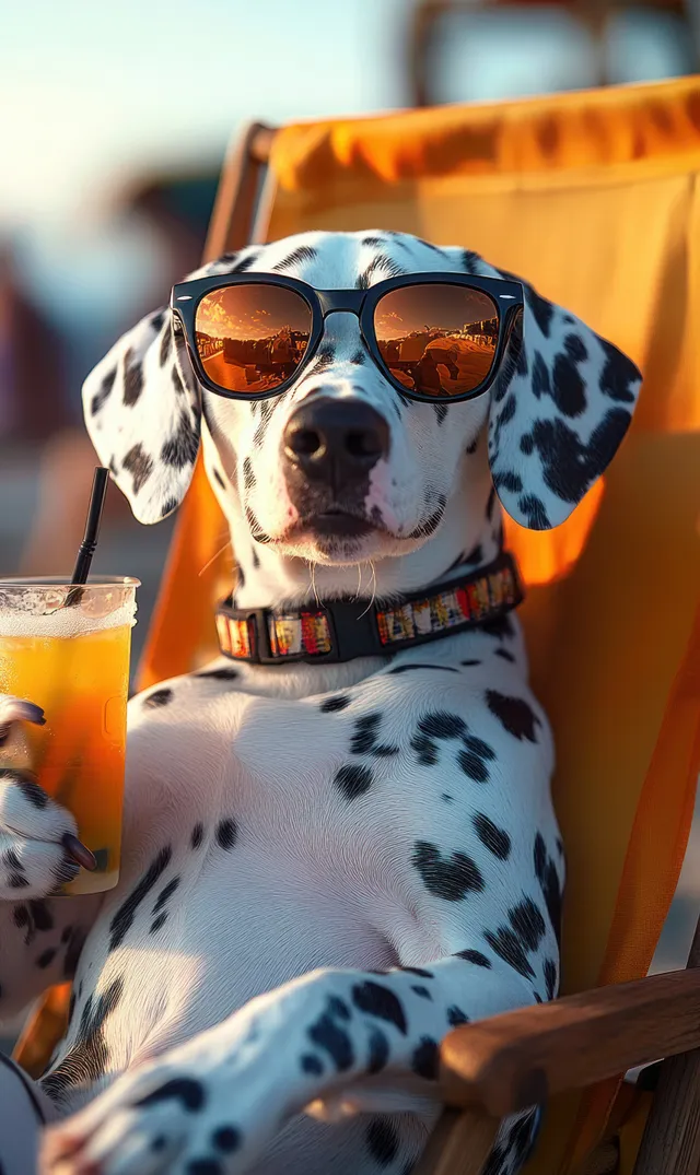 Relaxed Dalmatian dog in sunglasses lounging on an orange chair holding a straw drink outdoors