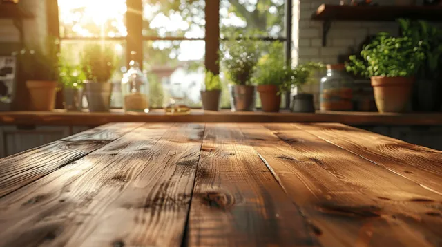 Empty wooden tabletop with sunlight glare and blurred modern kitchen interior behind it