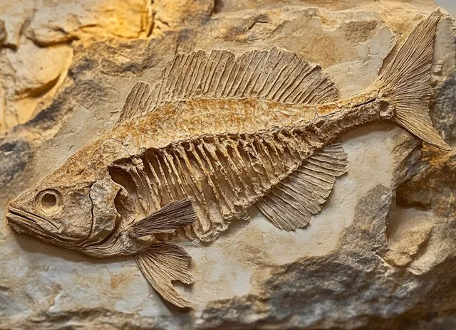Fossil fish embedded in sandstone rock, showing fins, vertebrae, and textured sediment layers